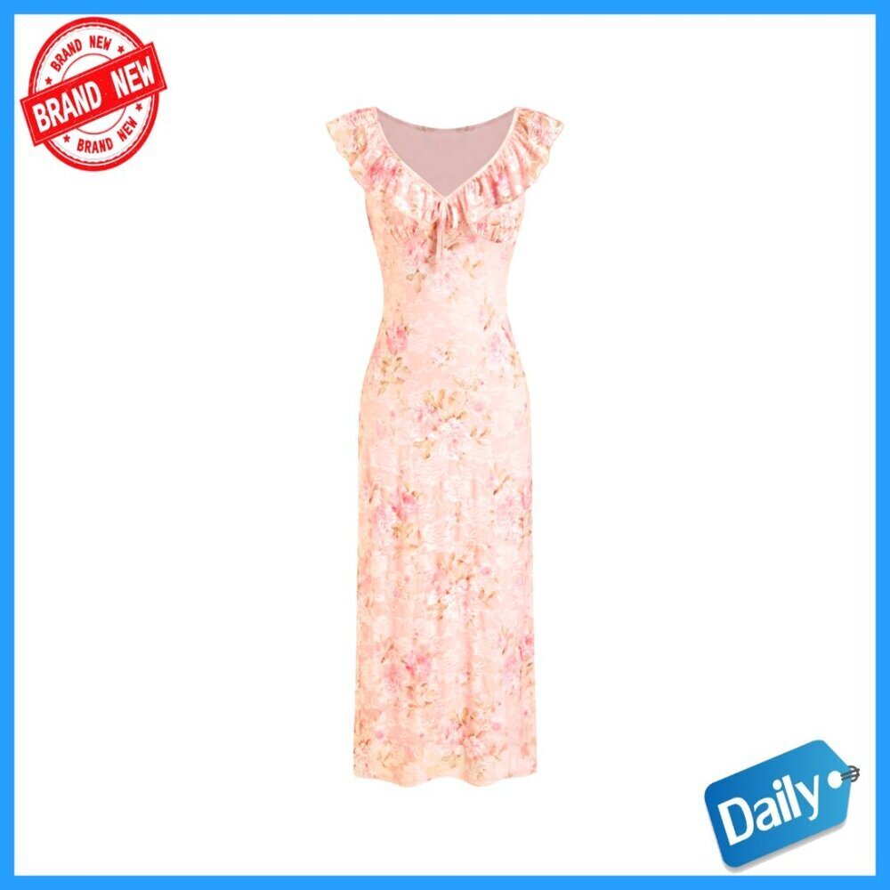 Summer Floral Maxi Dress with Ruffles, V-Neck, Formal Cocktail Wear